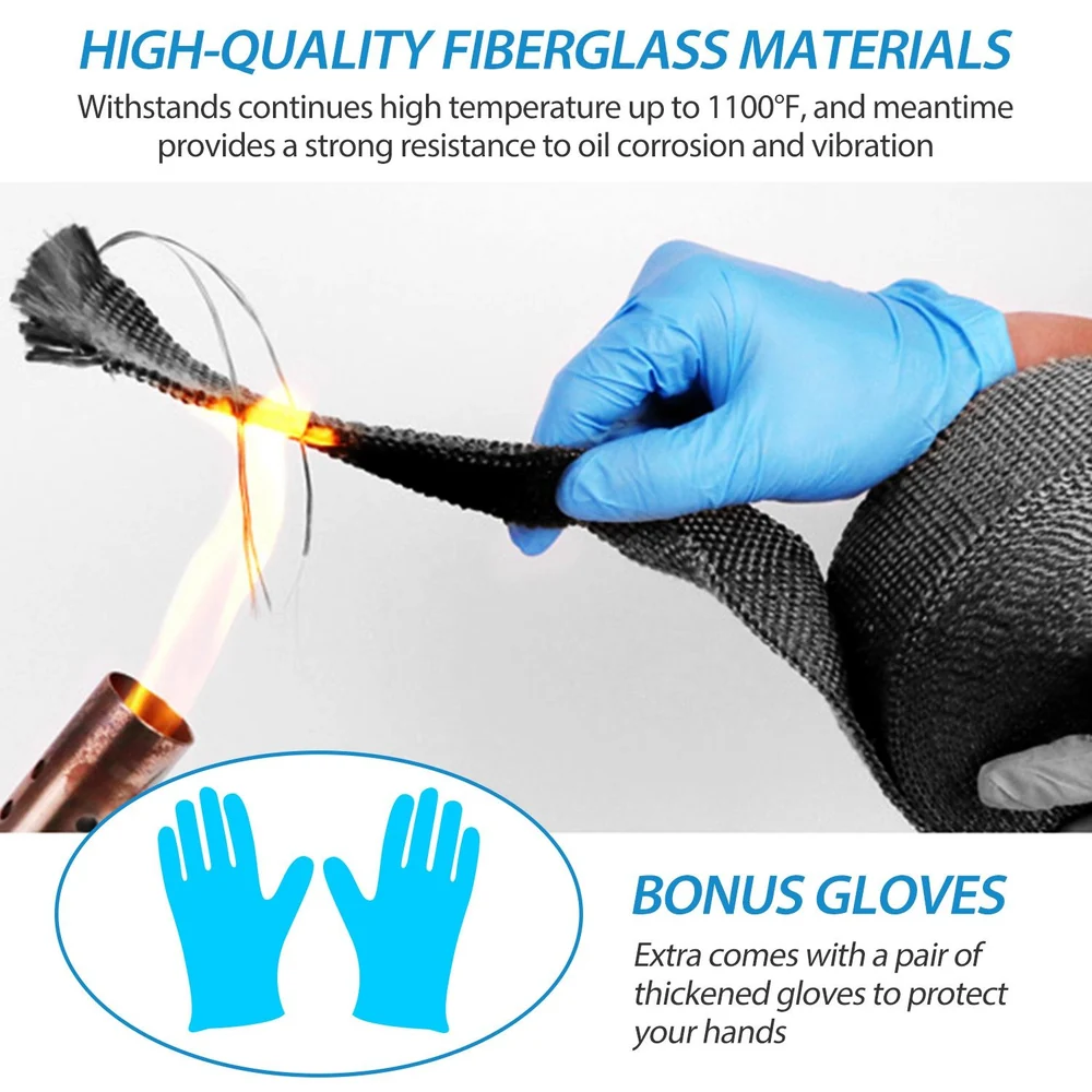 High-quality fiberglass material being tested with a flame, showcasing its high-temperature resistance up to 1100°F; includes a bonus pair of thickened gloves for hand protection.
