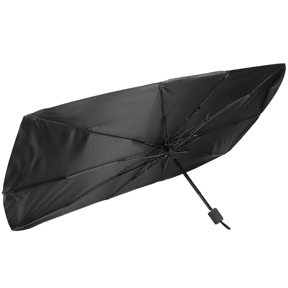 Compact black umbrella with a sturdy structure, showcasing its opened canopy and metal frame for protection against rain and sun.