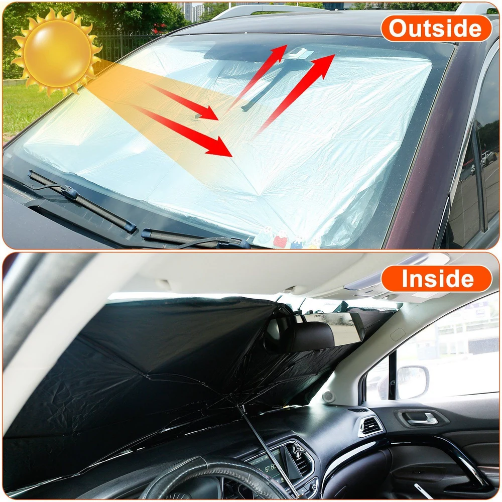 Car windshield sunshade with reflective exterior and black interior, demonstrating sun protection and temperature control, displayed in an outside and inside view.