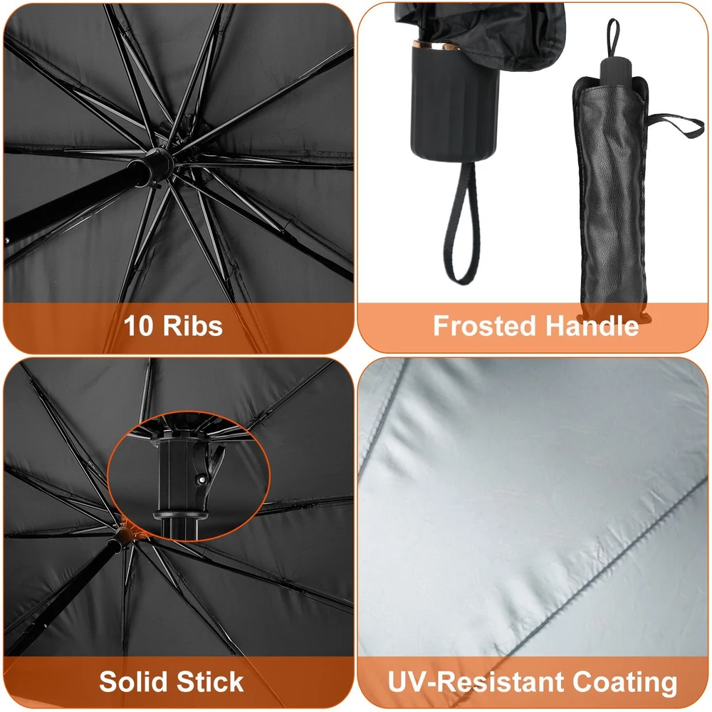 Black compact umbrella featuring 10 durable ribs, a frosted handle for grip, a solid stick support for stability, and a UV-resistant coating for sun protection.