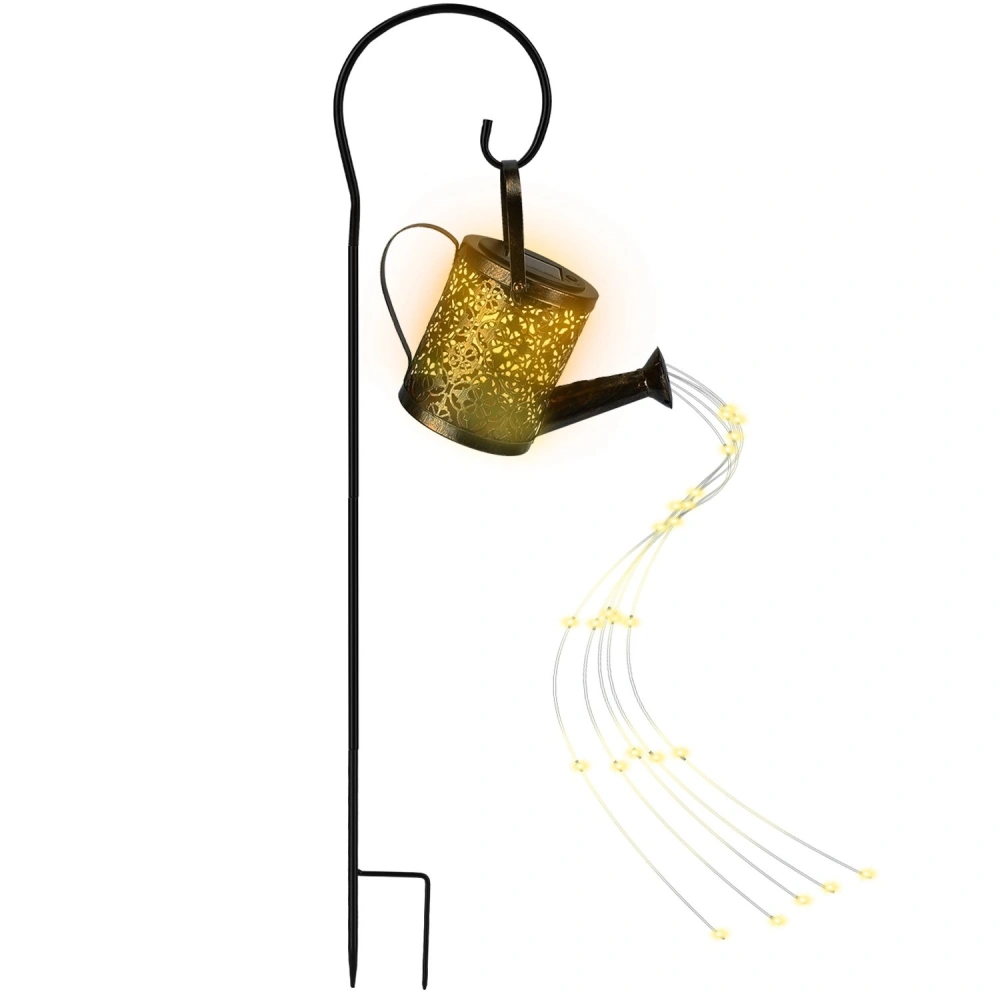 Decorative garden stake featuring a vintage-style watering can with cutout designs and warm LED lights, showcasing a whimsical waterfall effect with glowing beads for outdoor ambiance.