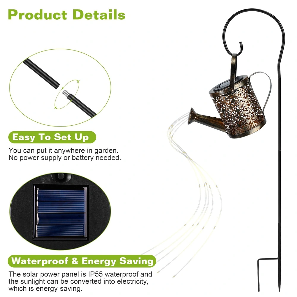 Solar-powered garden watering can light with intricate design, easy setup, and waterproof solar panel for energy efficiency.