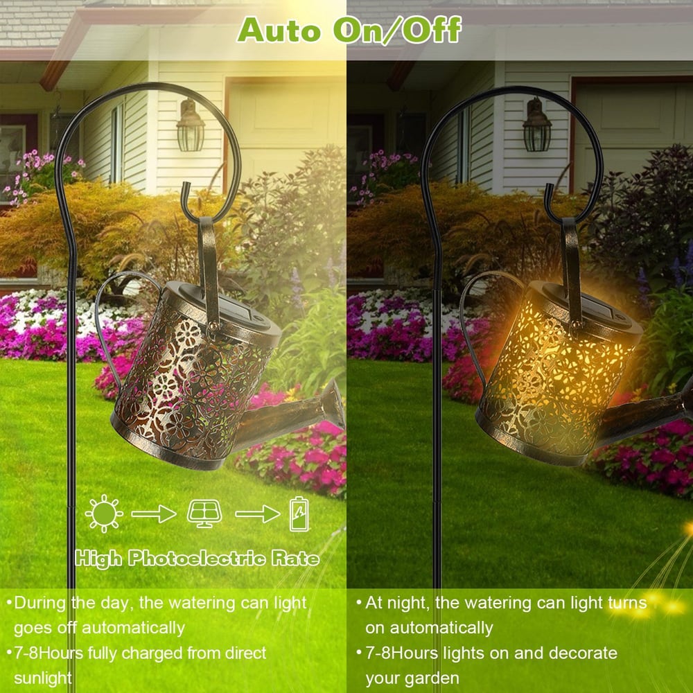 Decorative solar-powered watering can lantern with intricate floral cutouts, shown in both day and night settings, enhancing garden aesthetics while providing automatic lighting control.
