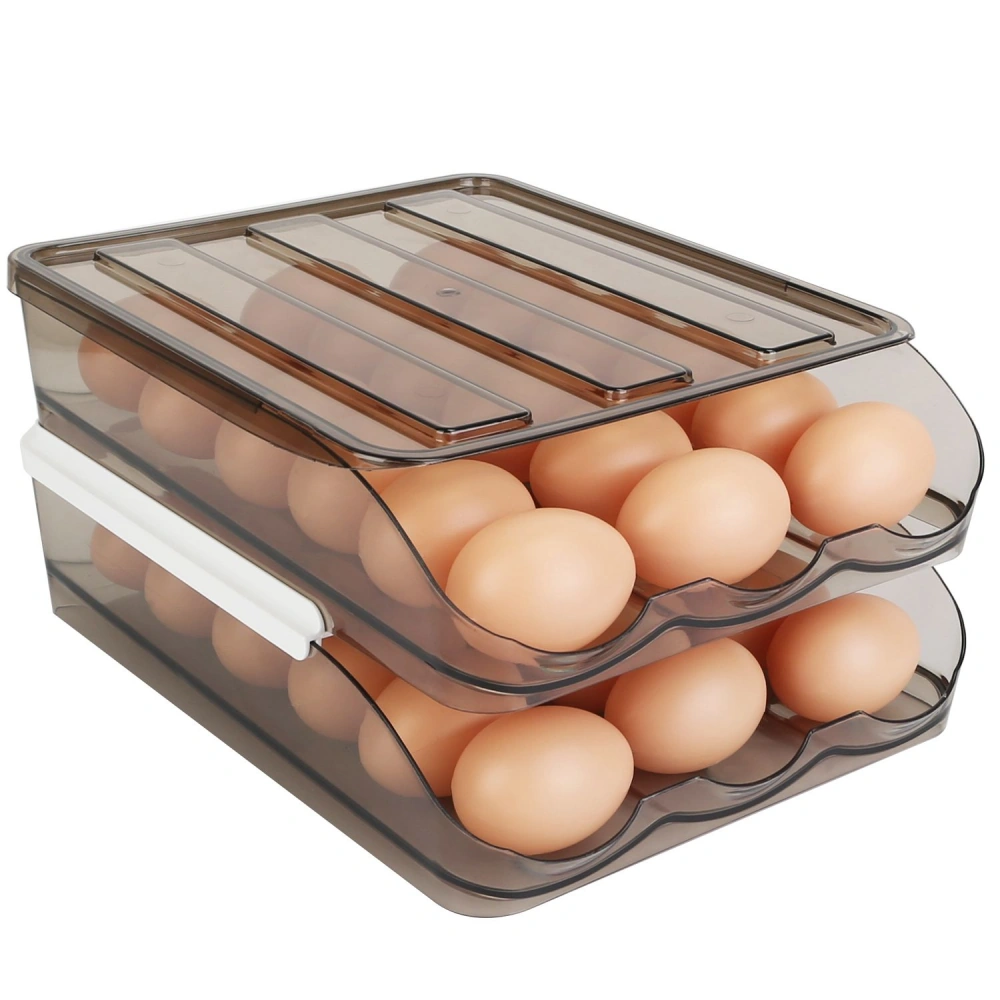 Two-tiered plastic egg storage container with a transparent dark gray design, holding a dozen of brown eggs, ideal for kitchen organization.