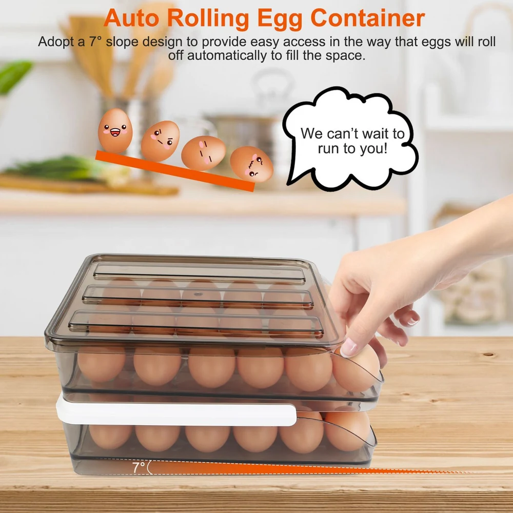 Auto rolling egg container with a 7° slope design for easy access, showcasing hand reaching for eggs in a kitchen setting.