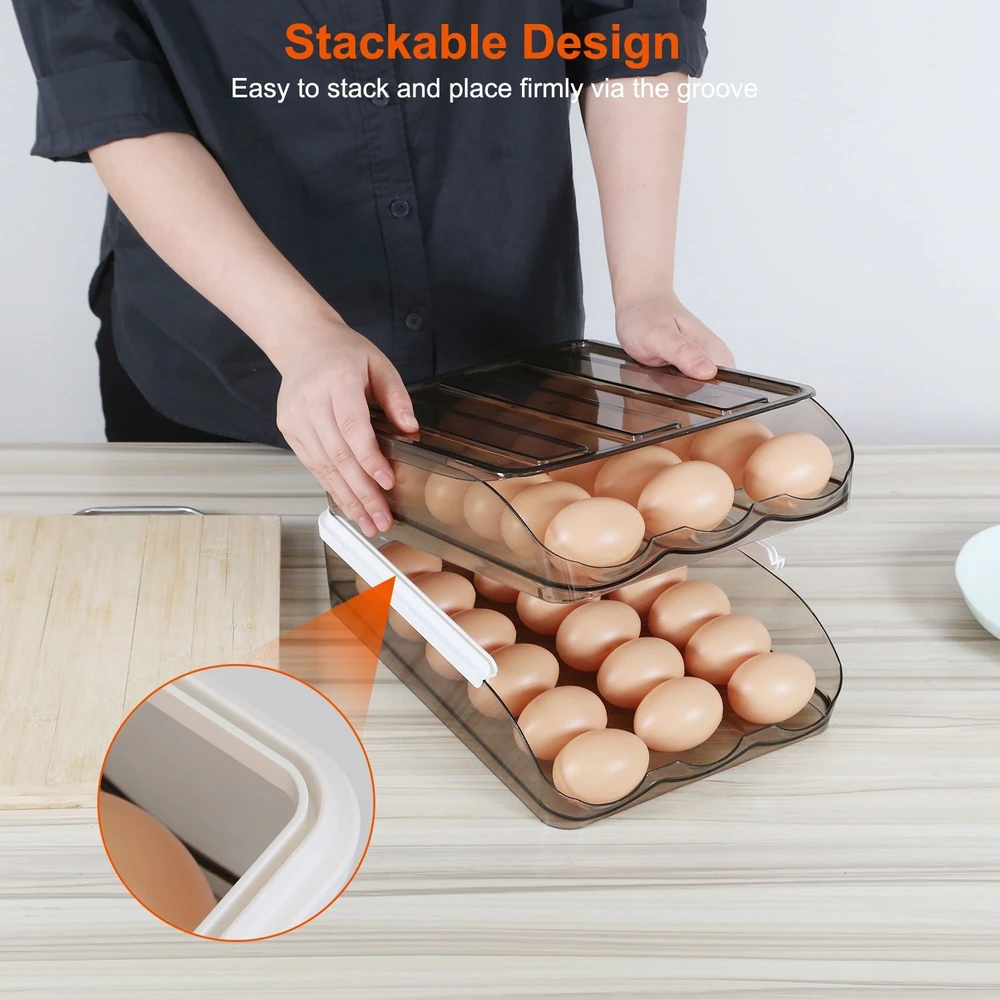 Stackable egg storage container with eggs, featuring a clear design for easy visibility and a user-friendly groove that allows for secure stacking, ideal for kitchen organization.