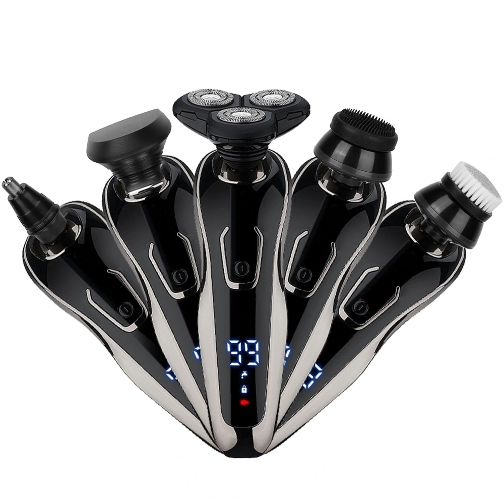 Five-in-one electric grooming kit featuring a stylish black and silver design, including a rotary shaver, nose hair trimmer, and facial cleansing brush, with an LED display showing battery life and settings.
