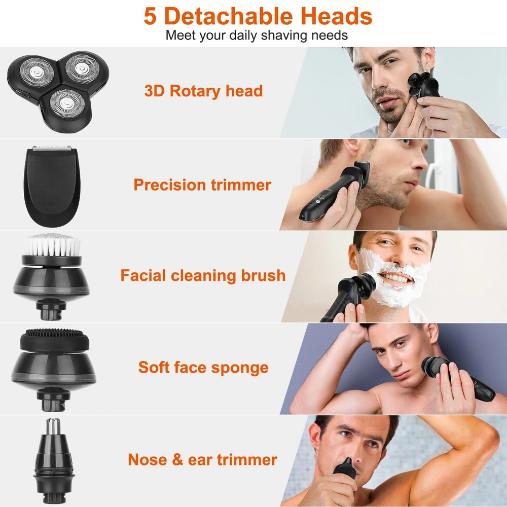 5 detachable heads for versatile grooming: 3D rotary head, precision trimmer, facial cleaning brush, soft face sponge, and nose & ear trimmer. Perfect for all your daily shaving and skincare needs.
