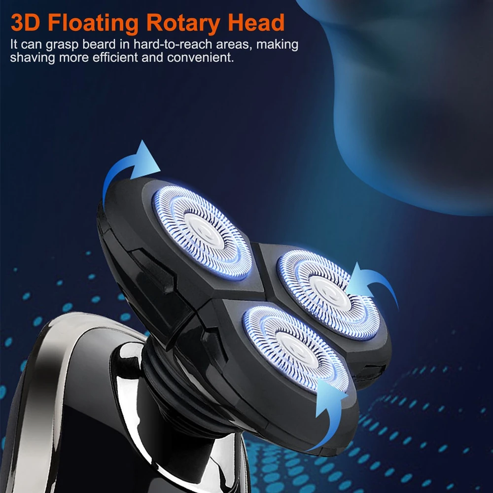 3D floating rotary head electric shaver designed for an efficient and convenient shaving experience, highlighting the three rotating blades with blue LED lights for precision in hard-to-reach areas.