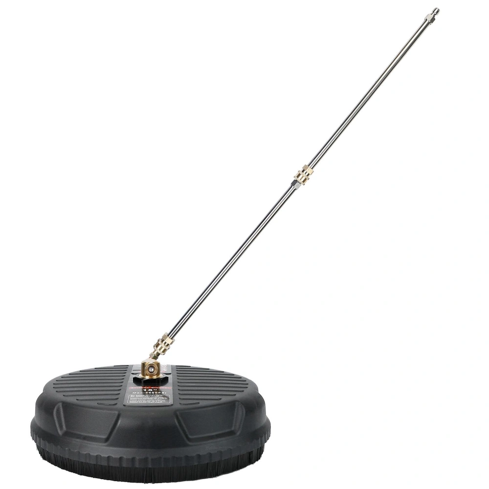 High-pressure surface cleaner with a sturdy round base and adjustable stainless steel wand for efficient outdoor cleaning.