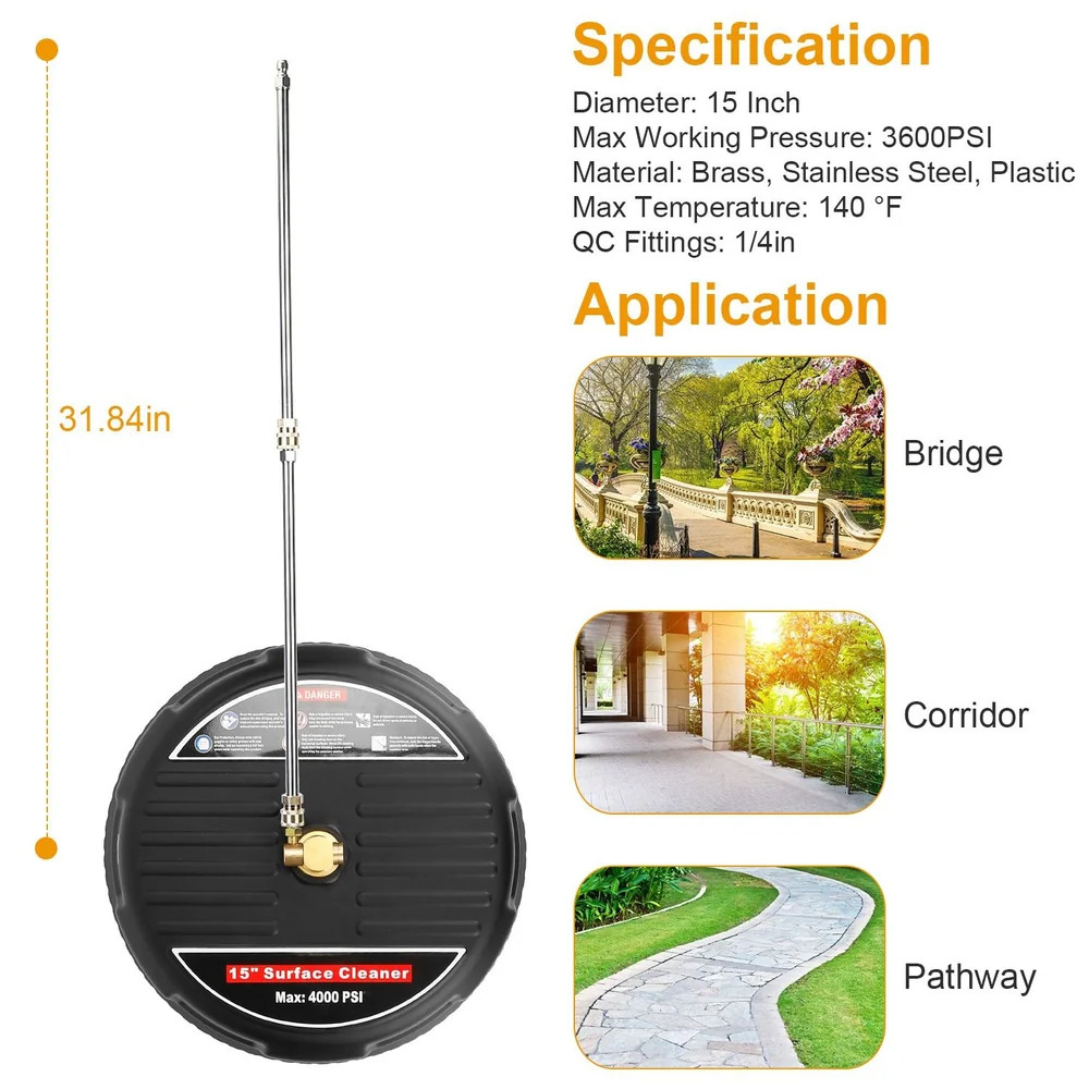 15-inch surface cleaner attachment for pressure washers, designed for high-pressure cleaning of outdoor surfaces like bridges, corridors, and pathways, featuring durable brass and stainless steel construction with a maximum pressure of 4000 PSI.