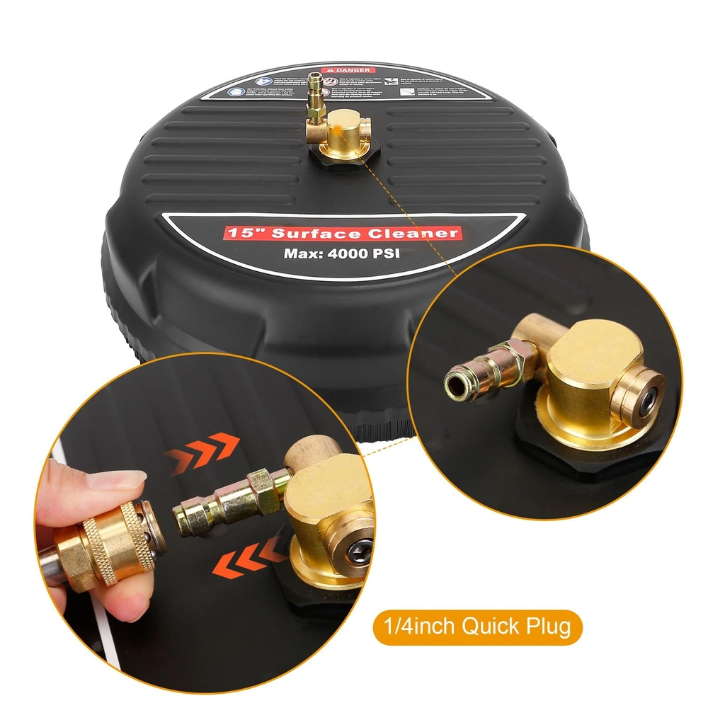 15-inch surface cleaner attachment for pressure washers, featuring a 4000 PSI capacity and 1/4 inch quick plug connection, with close-up views of connection points and operation instructions.