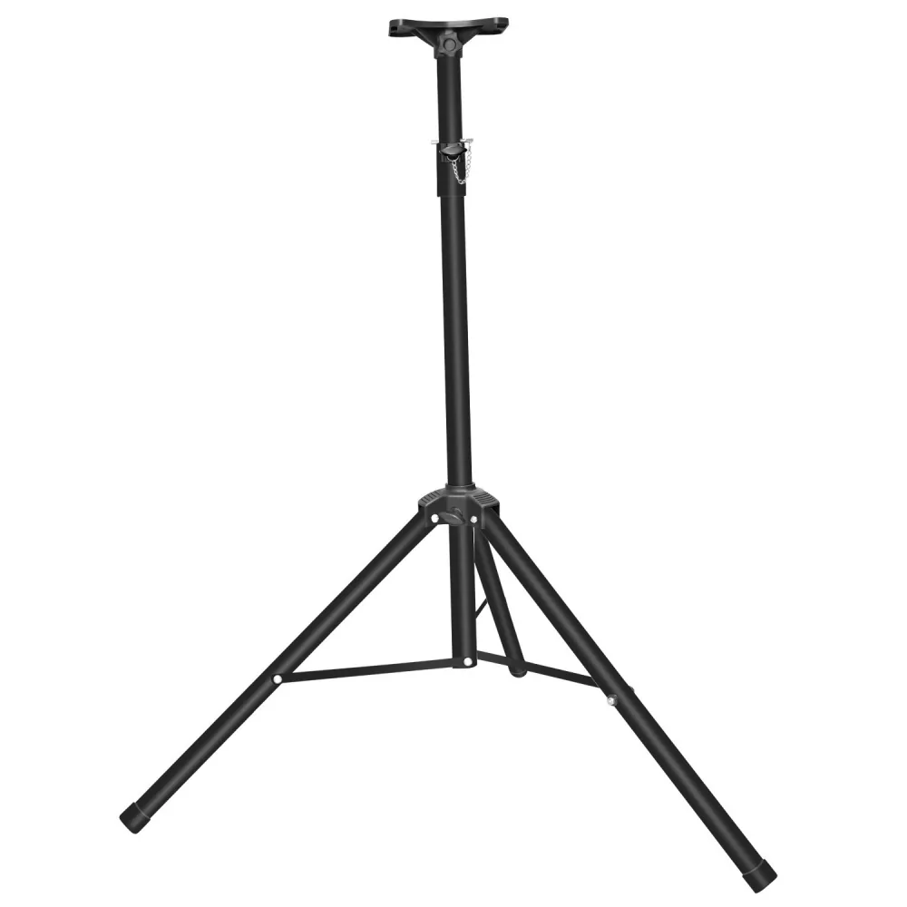 Adjustable black speaker stand with tripod base, designed for stability and support at events or performances.