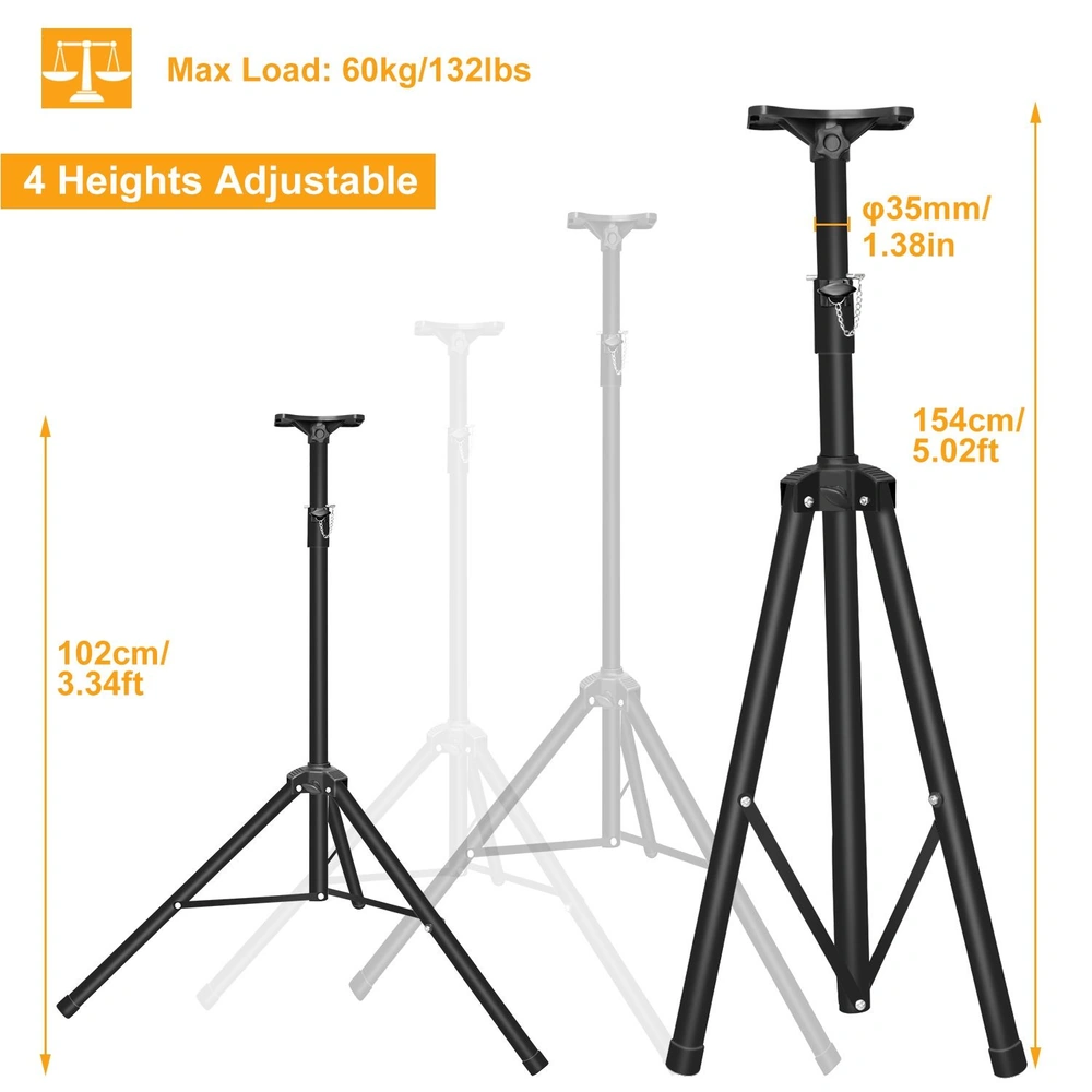 Adjustable tripod stand showcasing four height settings, with maximum load capacity of 60kg/132lbs, featuring a sturdy black metal design and a height range from 102cm (3.34ft) to 154cm (5.02ft).