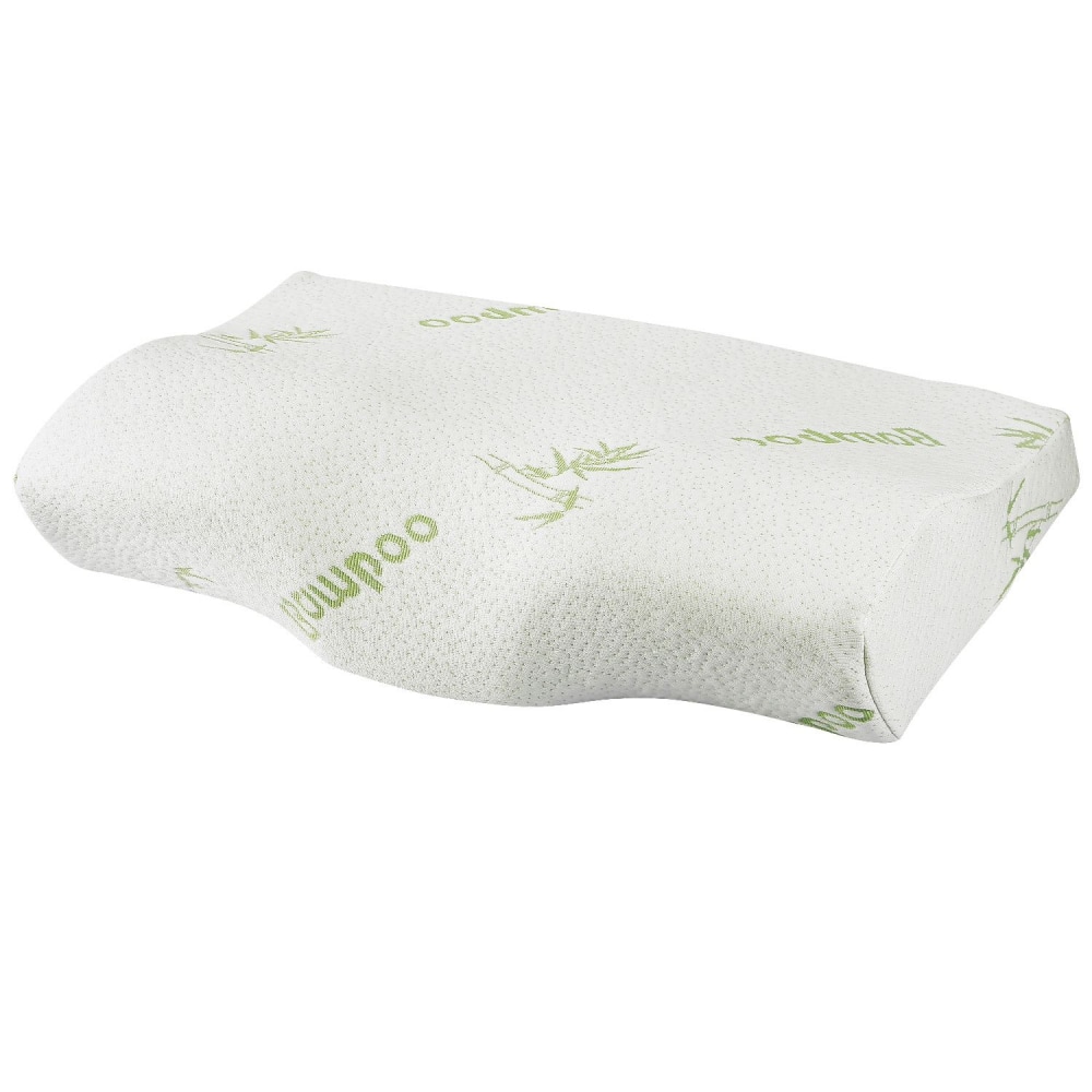 Bamboo memory foam pillow with ergonomic design, featuring a textured white cover with subtle green bamboo leaf patterns, promoting comfort and support for a restful sleep.