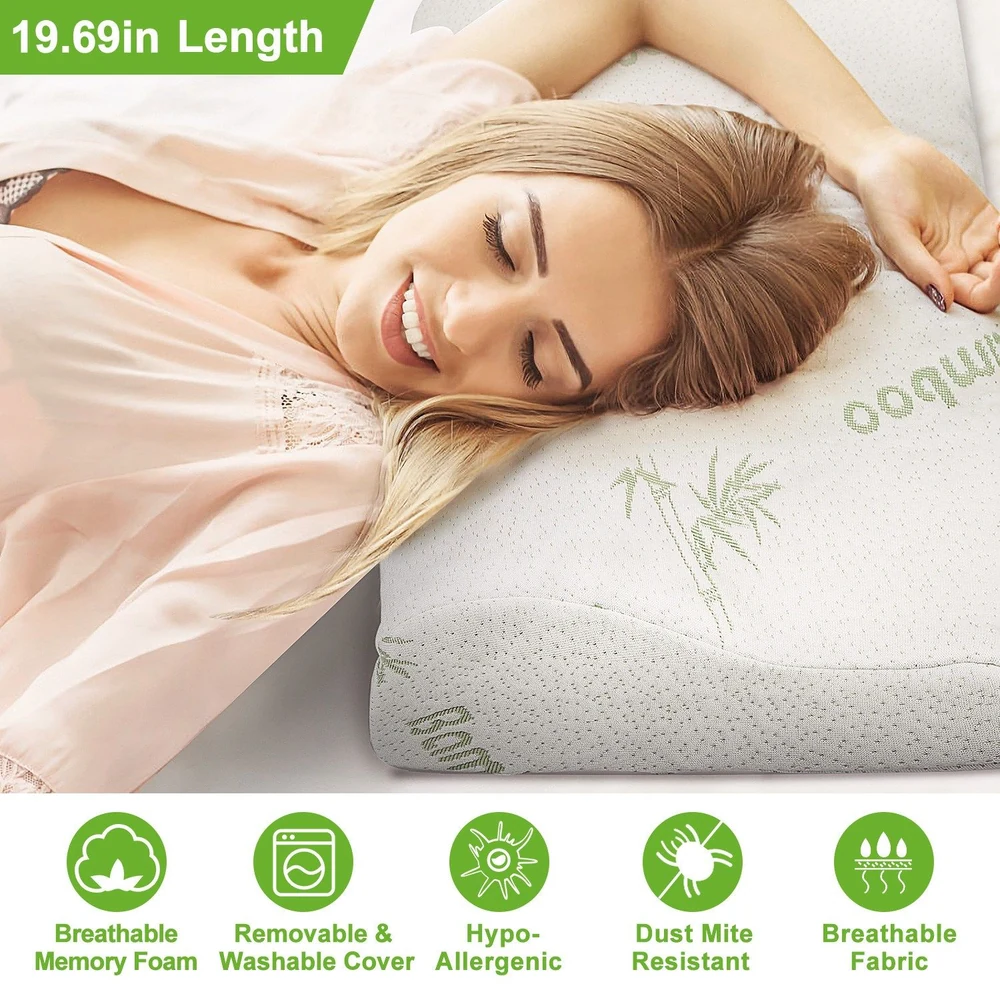 Memory foam pillow with removable washable cover, featuring hypoallergenic and dust mite resistant properties, shown in a lifestyle setting with a person resting their head on it.