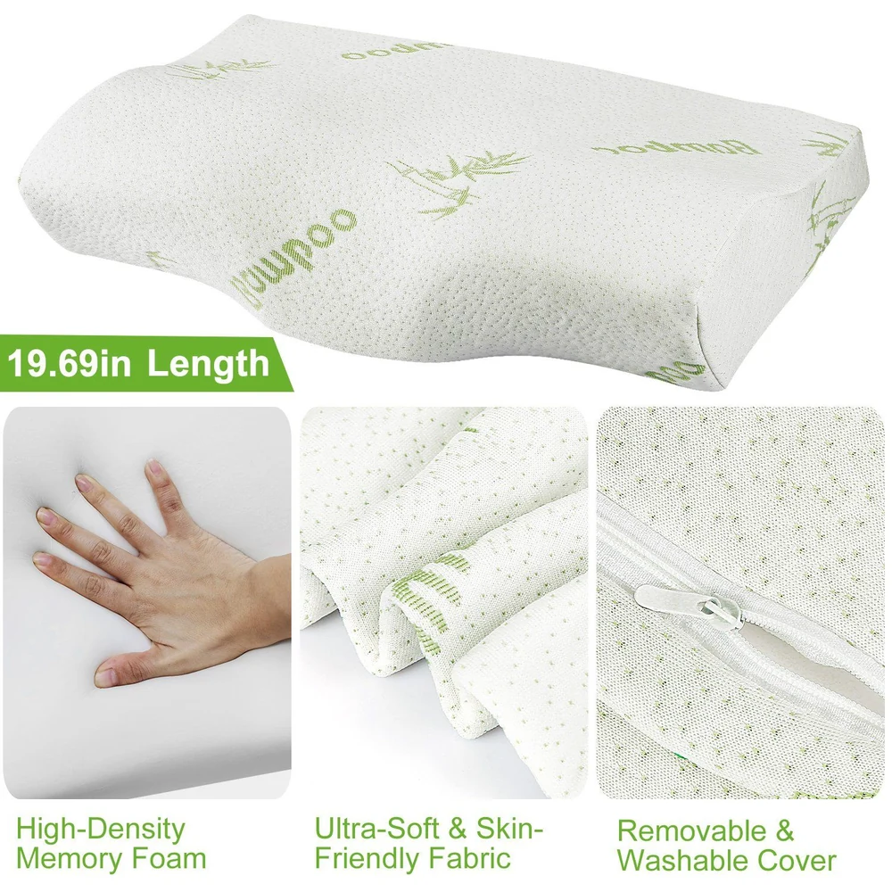 High-density memory foam pillow measuring 19.69 inches, featuring ultra-soft and skin-friendly fabric, with a removable and washable cover for easy care.