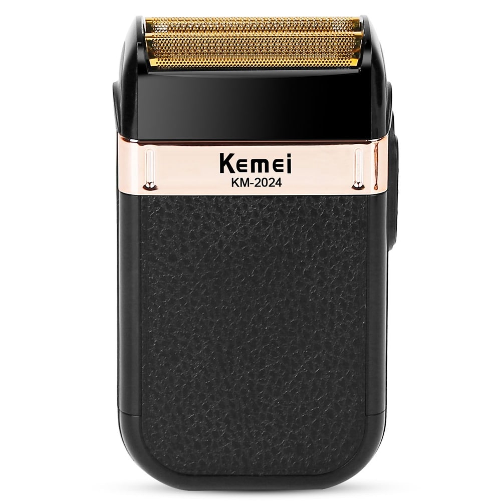 Kemei KM-2024 electric razor with a sleek black design and gold foil head for a close shave.