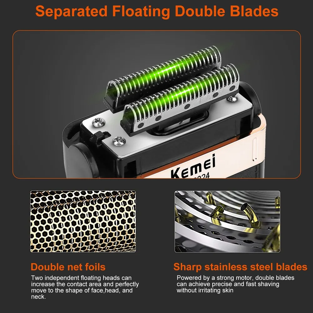 Close-up image of Kemei Razor featuring separated floating double blades, showcasing its sharp stainless steel blades and double net foils designed for a smooth and comfortable shaving experience on face, head, and neck.