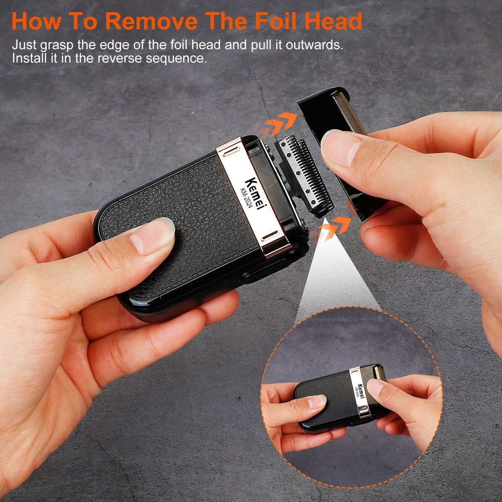 Image tutorial showing how to remove the foil head from the Kemei electric shaver, with a close-up of the process for easier understanding.