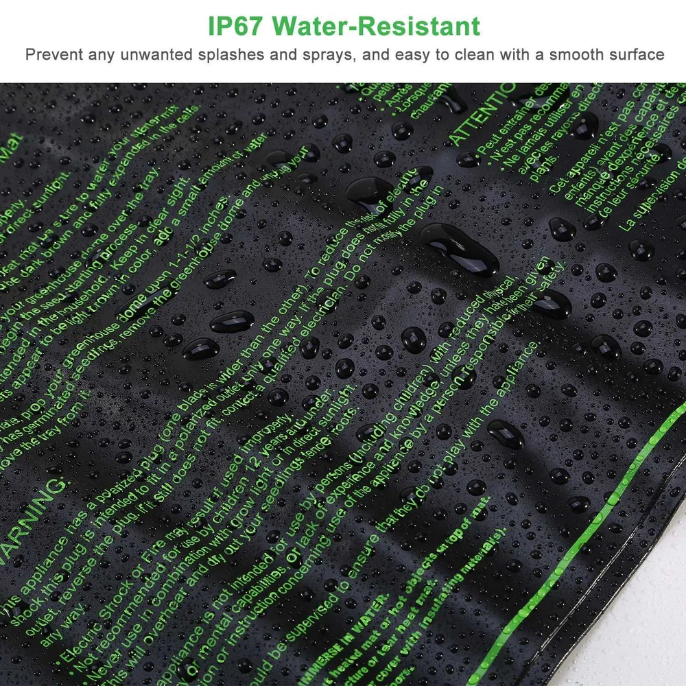 Close-up of a black water-resistant surface featuring droplets, with green text detailing IP67 rating and care instructions, ideal for preventing unwanted splashes and easy cleaning.