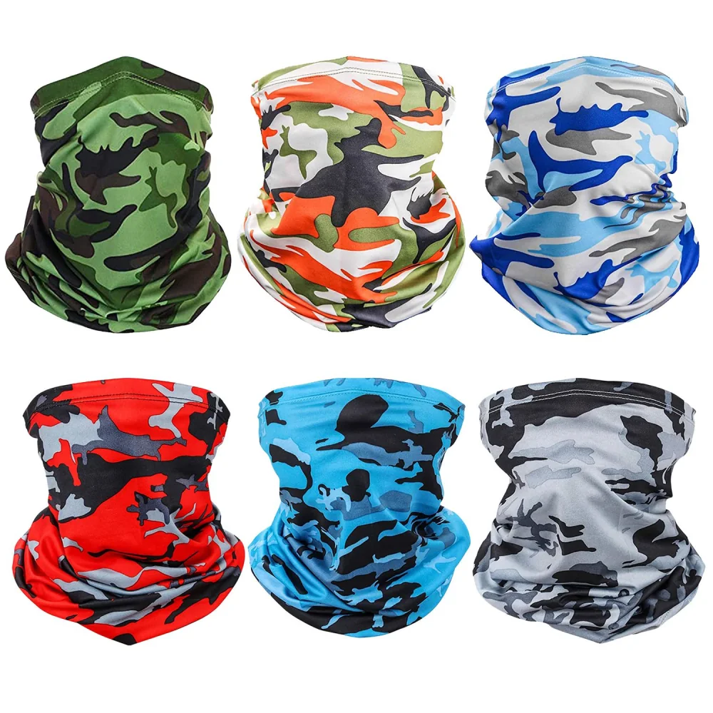 Multi-pack of colorful camo neck gaiters in green, orange, red, blue, and gray patterns, ideal for outdoor activities and style.