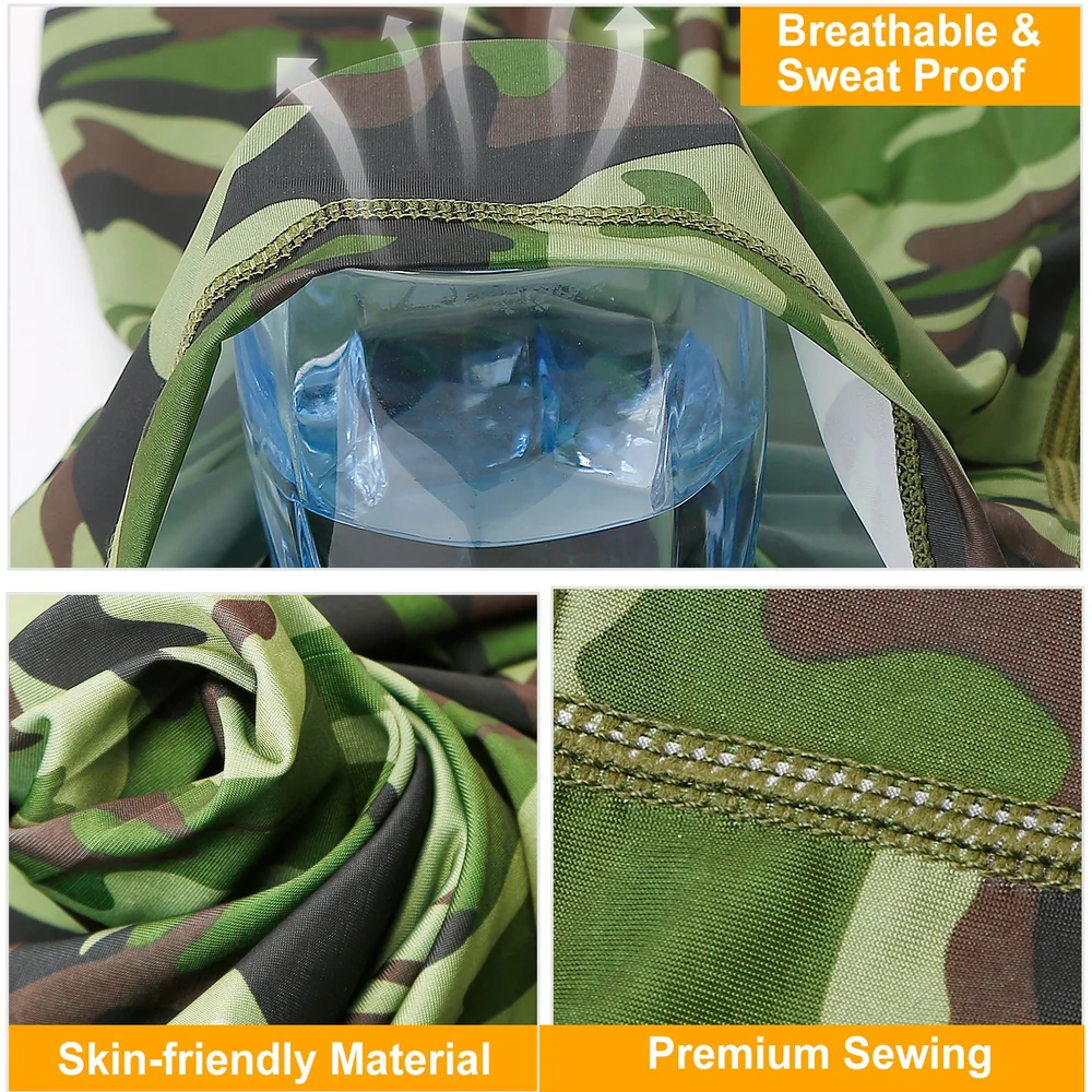 Close-up image showcasing a breathable and sweat-proof camo fabric with features like skin-friendly material and premium sewing, highlighted by a glass of water to demonstrate its water-resistant qualities.