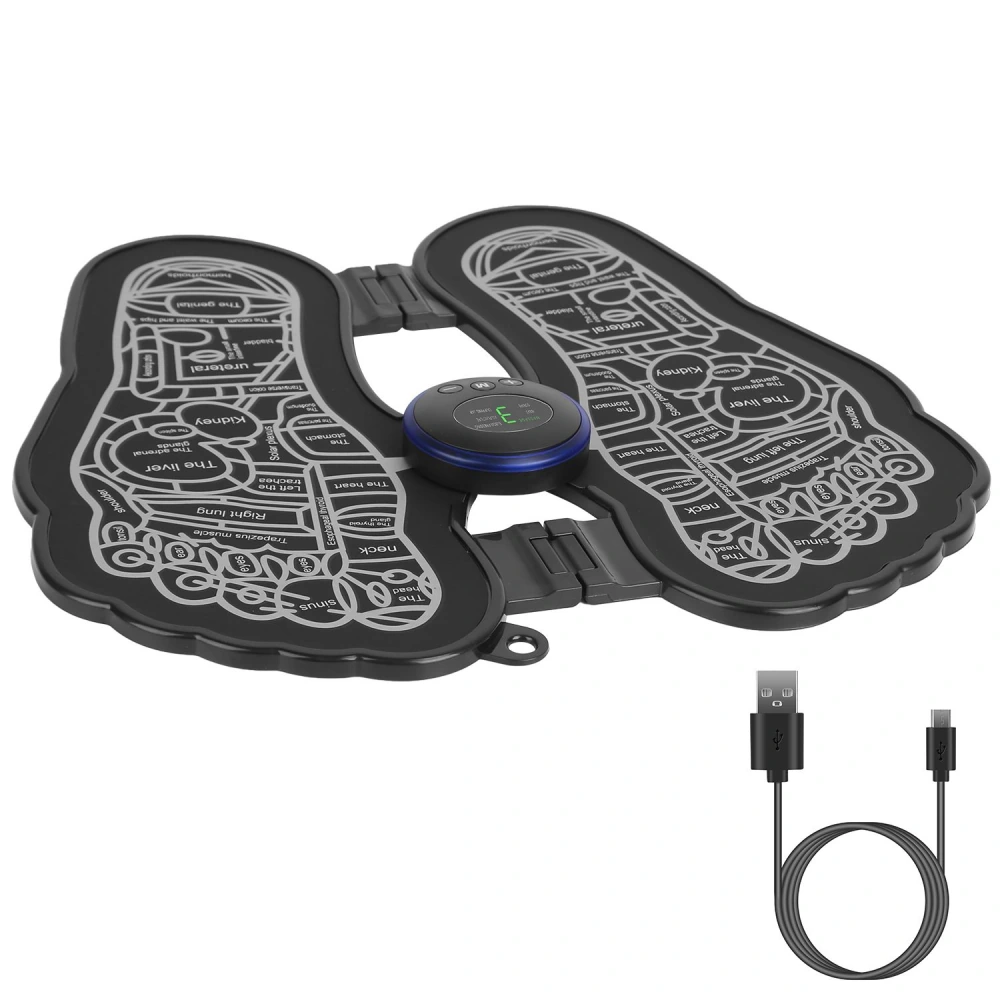Foot reflexology mat with detailed anatomical diagram, including USB charging cable, designed for relaxation and wellness.