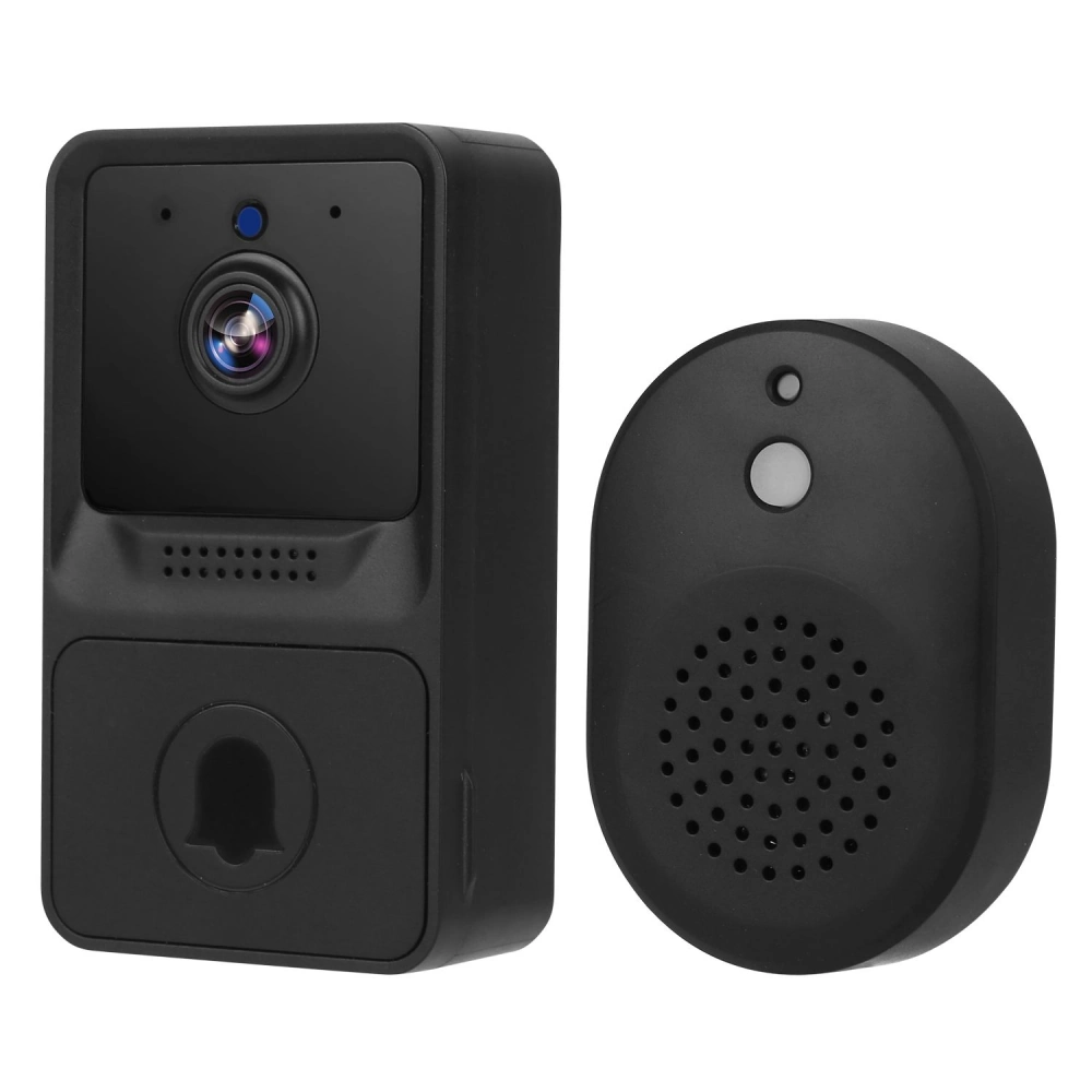 Wireless black smart doorbell camera with a built-in speaker and sleek design for home security.