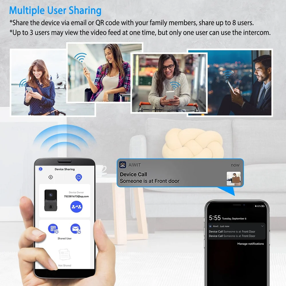 Mobile app interface showcasing multiple user sharing feature for a smart doorbell, highlighting notifications and video feed sharing capabilities among family members.