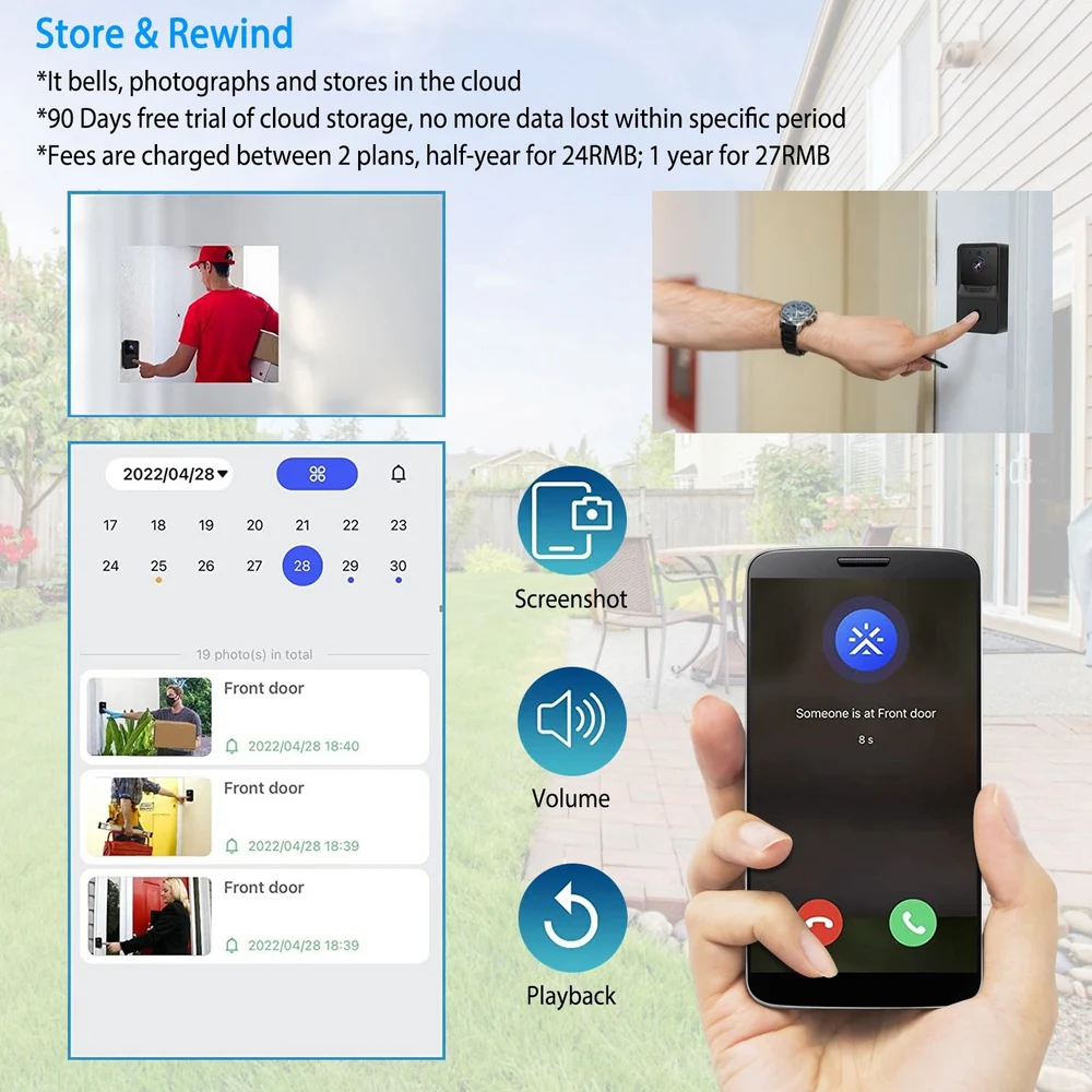 Smart doorbell with cloud storage features, showing user receiving a notification on their smartphone while reviewing captured images and videos of visitors, with options for screenshot, volume control, and playback.