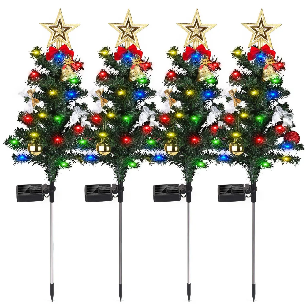 Four decorative miniature Christmas trees with colorful LED lights, gold stars, and ornaments, designed for outdoor display with ground stakes.