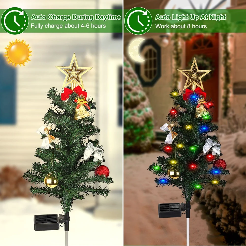 Solar-powered decorative Christmas tree with colorful lights and festive ornaments, designed for automatic charging during the day and lighting up at night.