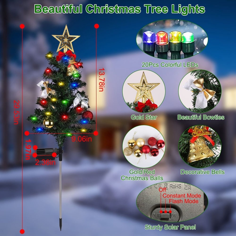 Colorful LED Christmas tree lights featuring a gold star, decorative bows, and bells, suitable for outdoor use with a sturdy solar panel, showcasing vibrant holiday spirit.
