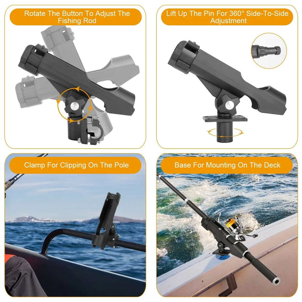 Fishing rod holder with adjustable features for 360-degree rotation and secure clamping, ideal for boat decks or poles.