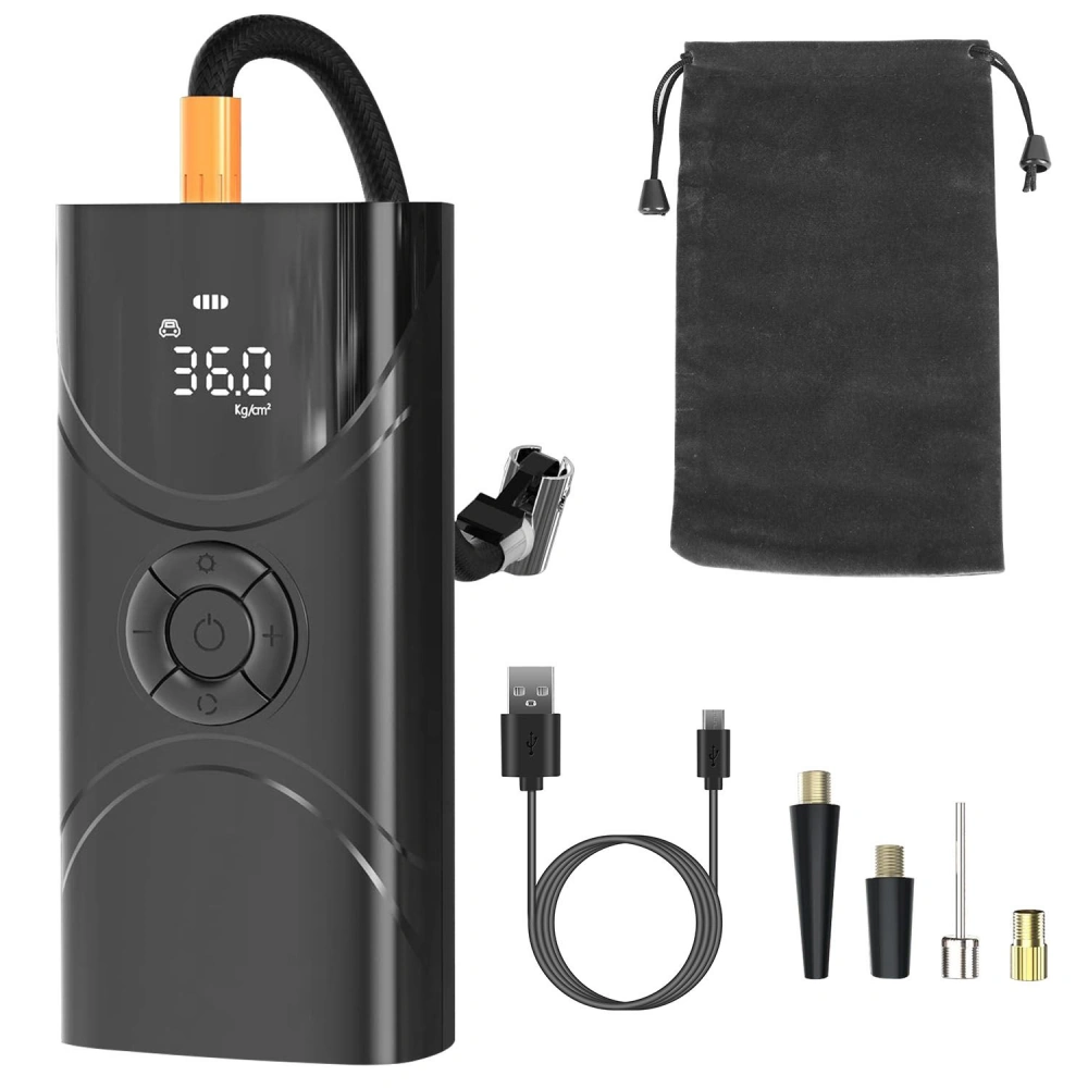 Portable digital air pump with an LED display, adjustable pressure settings, USB charging cable, and multiple nozzle attachments, accompanied by a black storage pouch.