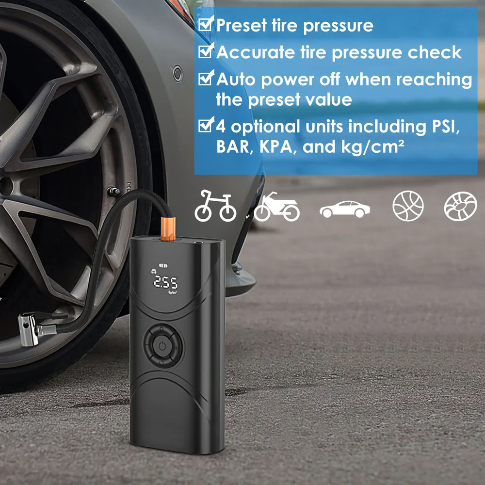 Compact digital tire inflator with preset pressure settings, ergonomic design, and digital display, showcasing its connectivity to a car tire, perfect for bikes and sports equipment, featuring multiple pressure units.
