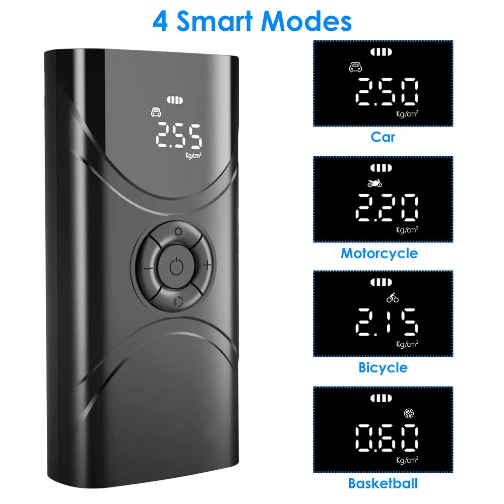 Digital tire pressure monitor with smart modes for car, motorcycle, bicycle, and basketball, showcasing clear pressure readings on an illuminated display.