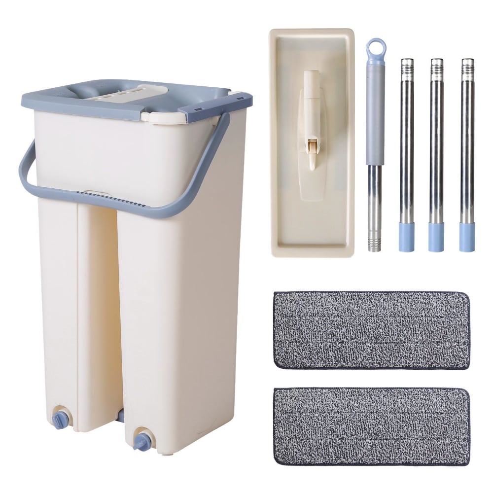 Multi-functional cleaning system featuring a dual-compartment mop bucket, extendable mop handle, microfiber cleaning pads, and a wringing tool, ideal for efficient home cleaning.