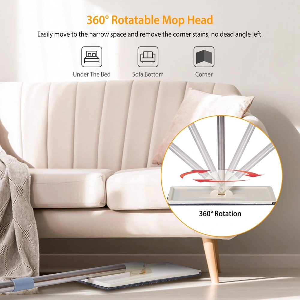 360-degree rotatable mop head designed for easy cleaning in tight spaces like under beds, sofas, and corners, ensuring no dust or stains are left behind.