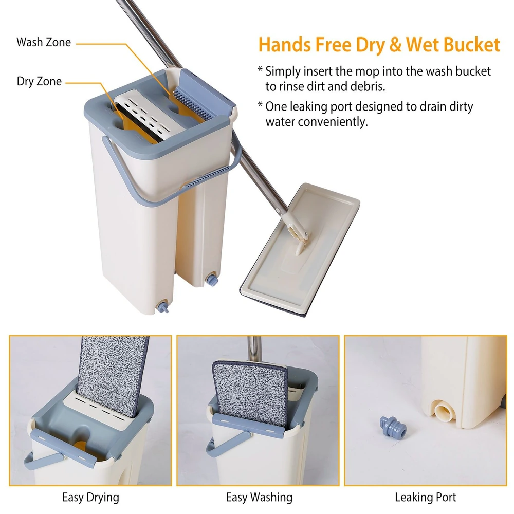 Hands-free dry and wet mop bucket with wash and dry zones, featuring an easy-draining port, designed for convenient cleaning.