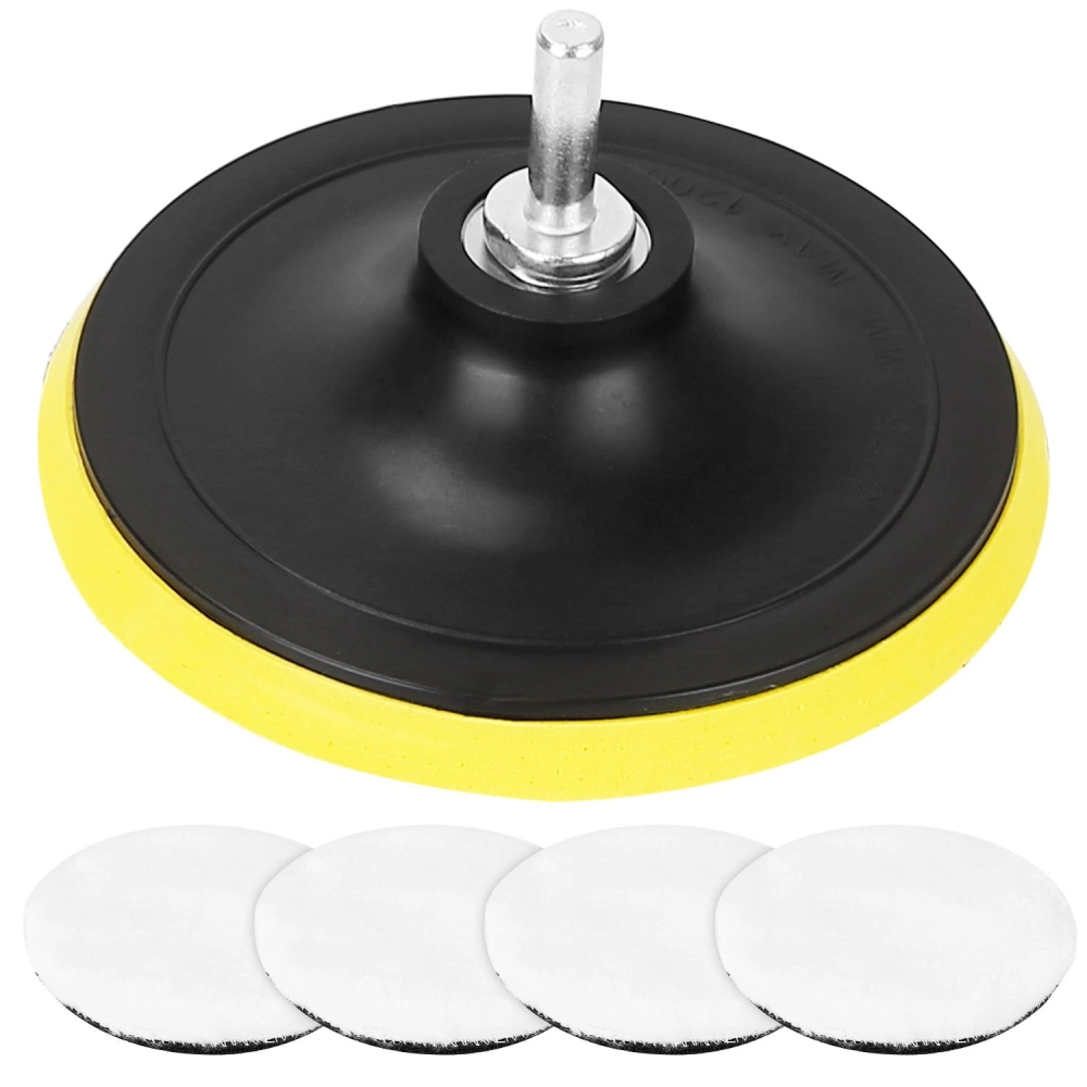 Durable polishing pad with a black rubber base and yellow edge, accompanied by four white polishing discs, ideal for waxing and buffing vehicles.