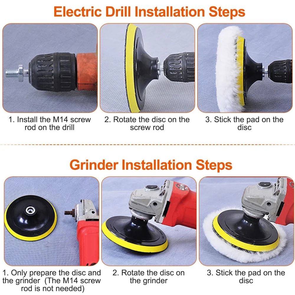 Electric drill and grinder polishing pad installation guide with step-by-step images demonstrating how to attach the pads for use.