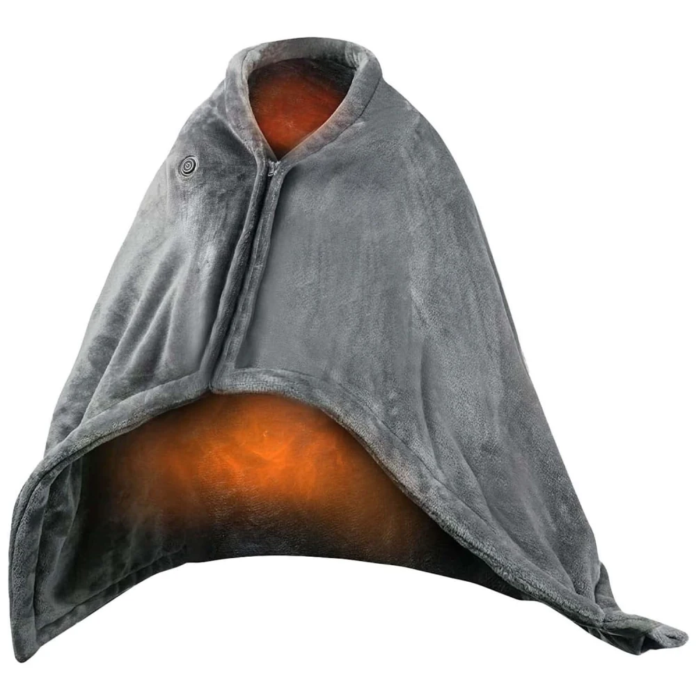 Cozy gray heated wrap with a soft texture, featuring a glowing orange interior for warmth and comfort.