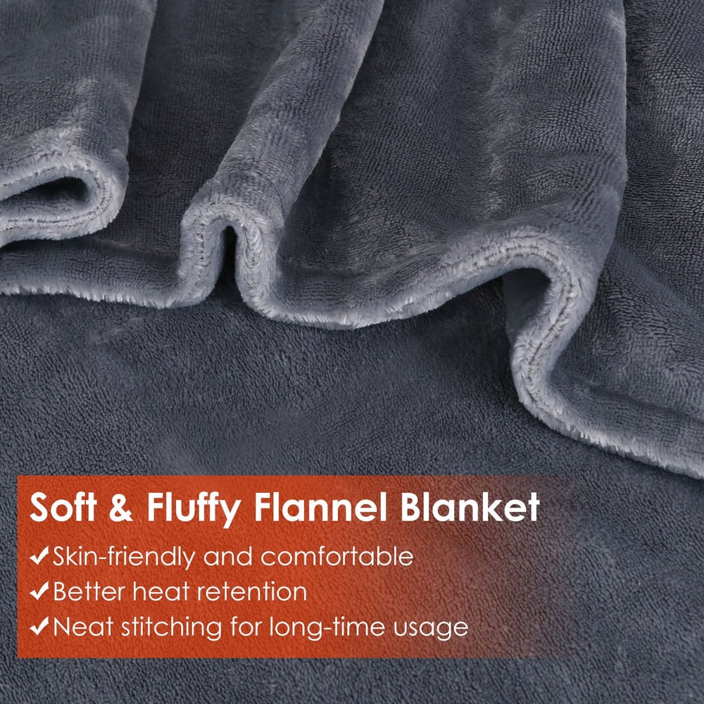 Soft gray flannel blanket showcasing its plush texture, neat stitching, and heat-retaining qualities, ideal for cozy comfort on cold nights.
