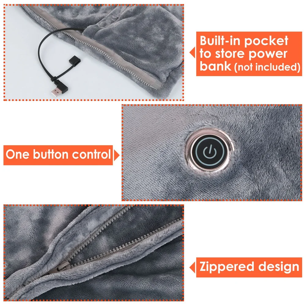 Close-up of a gray plush jacket featuring a built-in pocket for a power bank, a one-button control for easy operation, and a convenient zippered design for added functionality.