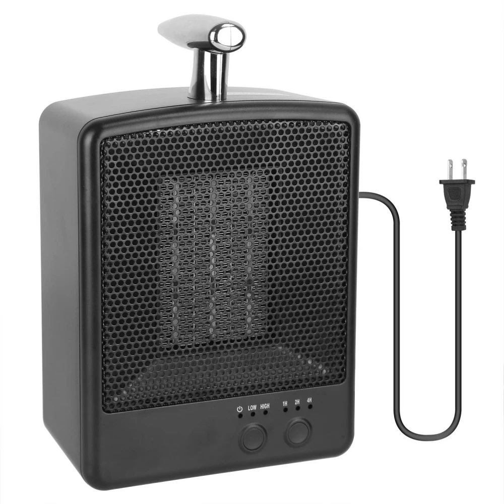 Compact black electric space heater with control buttons for low and high settings and a power cord, designed for efficient heat distribution in small spaces.