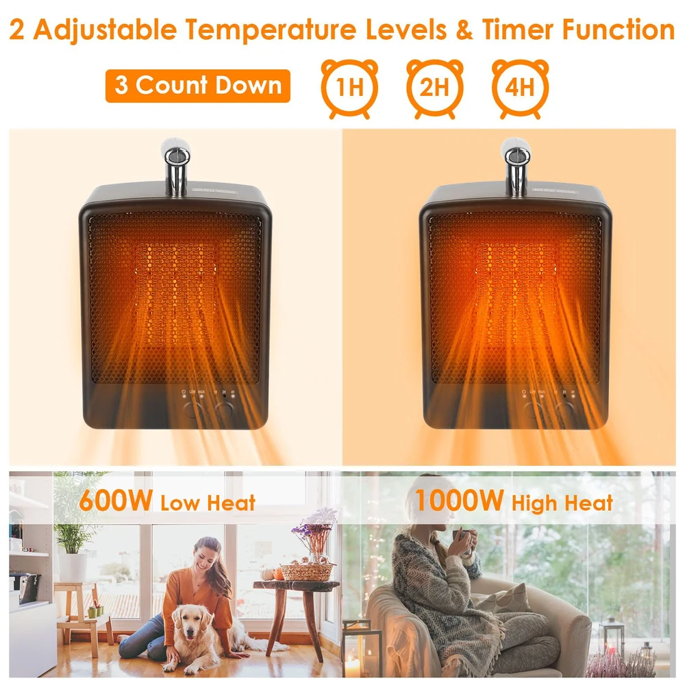 Compact electric space heater with two adjustable temperature settings (600W low heat, 1000W high heat) and a timer function, ideal for cozy indoor environments.