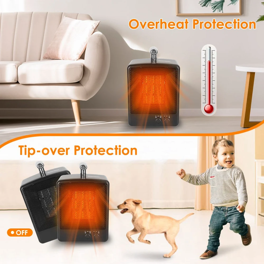Compact electric space heater with overheat and tip-over protection, featuring a warm glowing element, set in a cozy living room with a playful puppy and child.