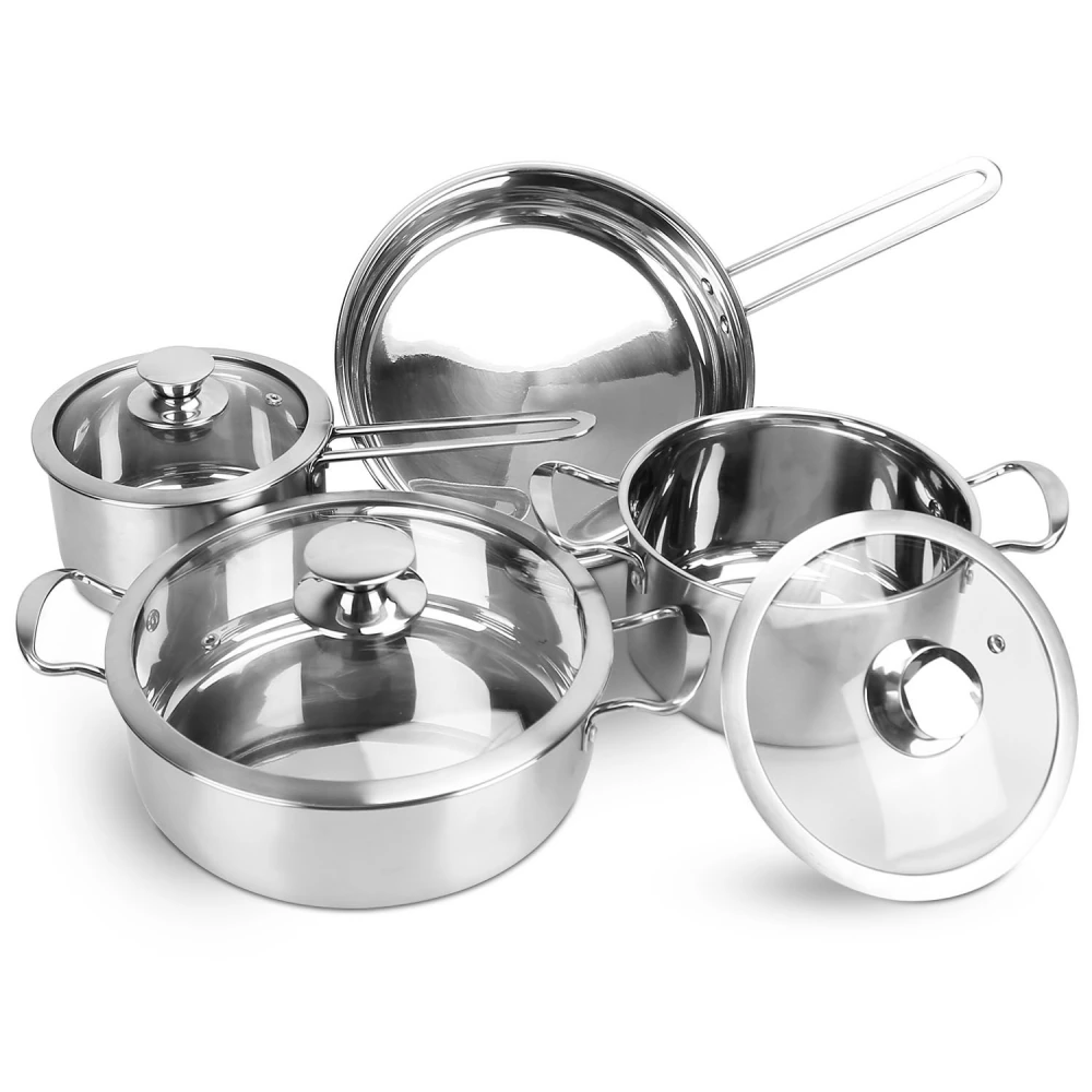 Stainless steel cookware set featuring two pots with lids, a frying pan, and a glass lid, ideal for versatile cooking needs.